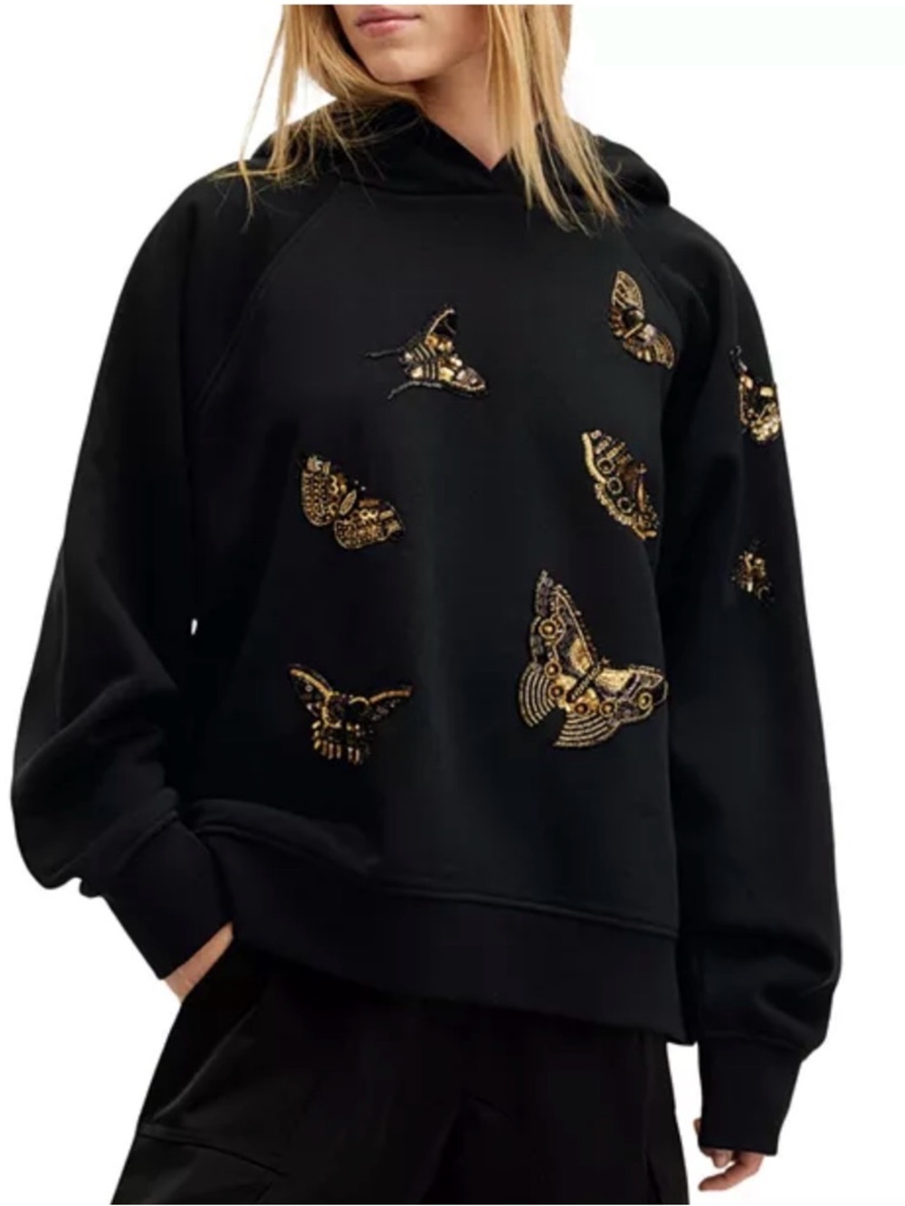 ALLSAINTS Talon Diana Black Embroidered Butterfly Hoodie
